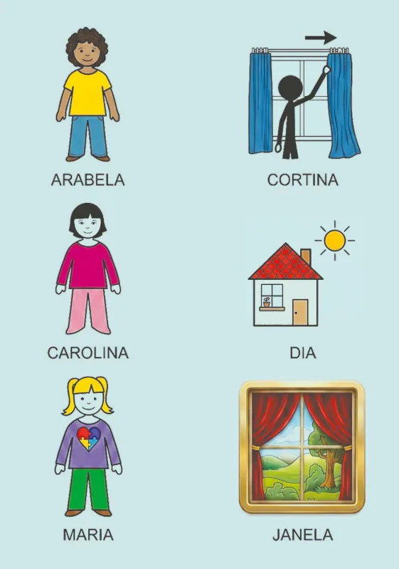 Jogo de rima com pares visuais das personagens Arabela, Carolina e Maria associadas aos pictogramas cortina, dia e janela