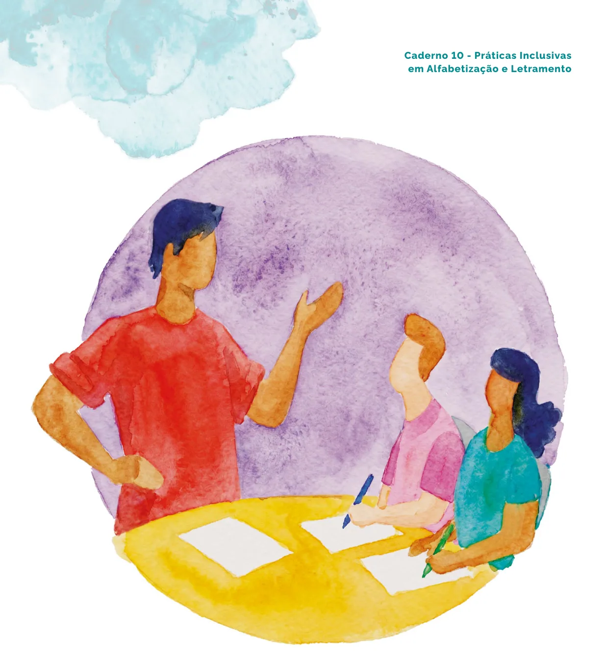 Ilustração em aquarela de um professor orientando dois estudantes adultos sentados a uma mesa, tomando notas em folhas brancas