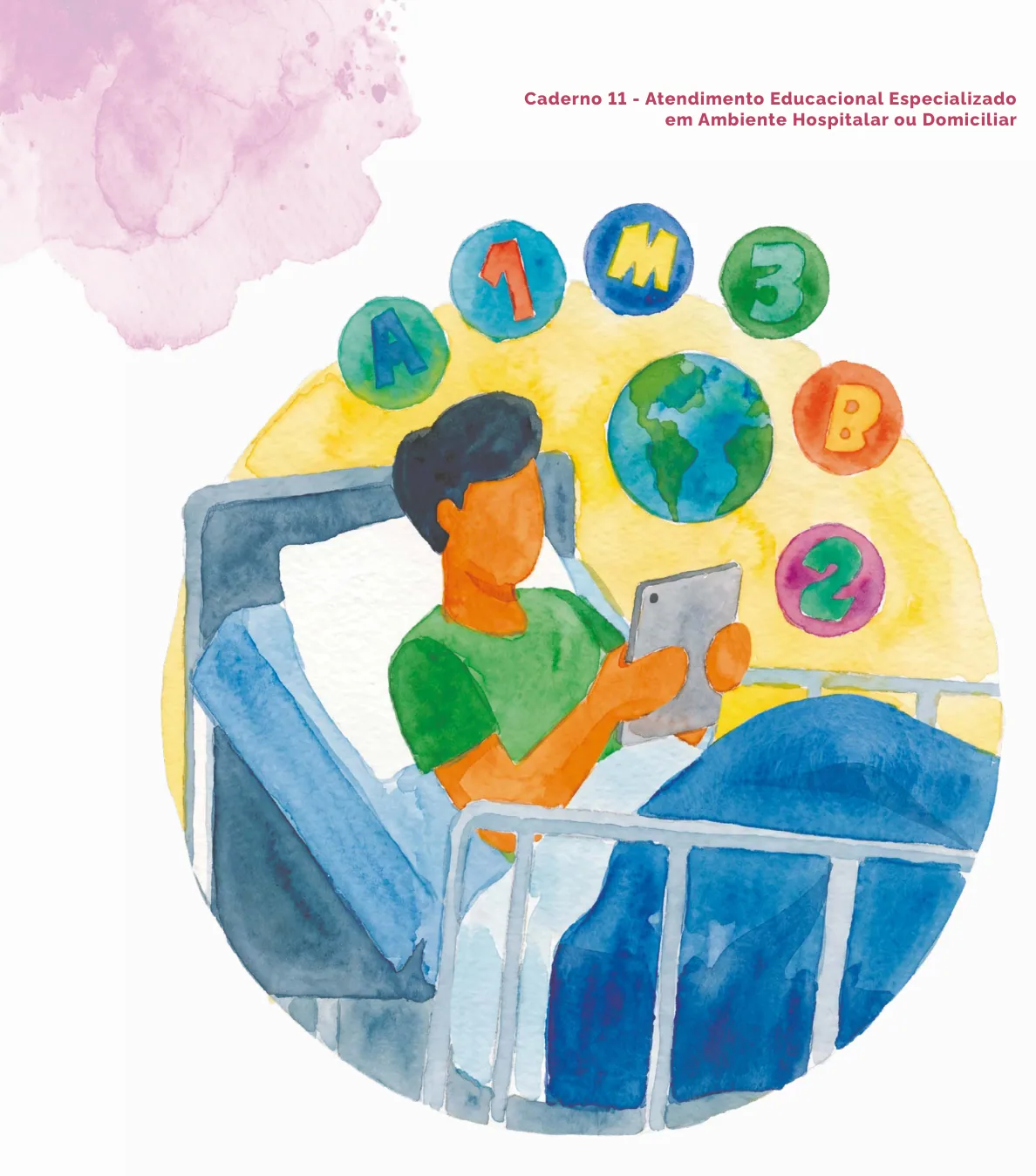 Ilustração em aquarela circular de uma criança sentada em cama hospitalar utilizando um tablet, cercada por ícones flutuantes de um globo terrestre e letras