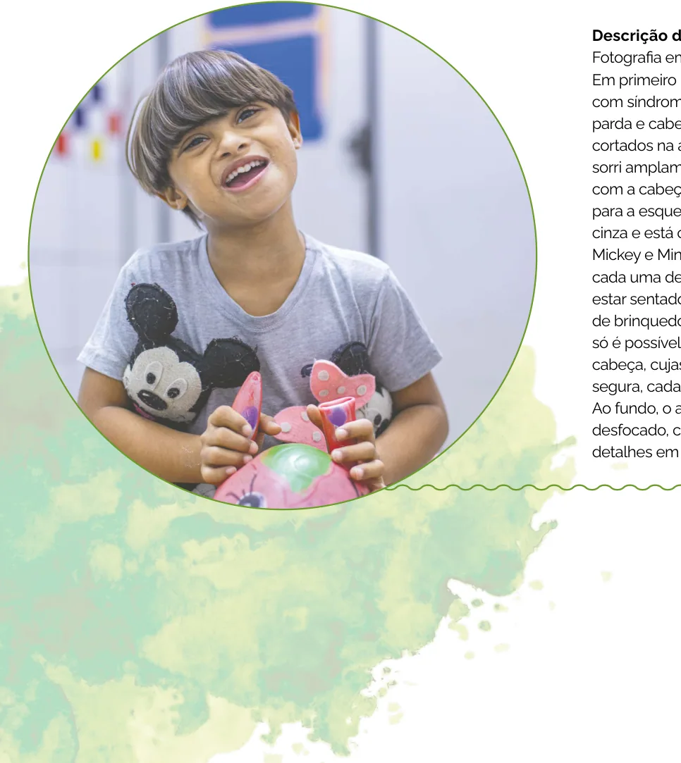 Fotografia circular de um menino com síndrome de Down, sorrindo, segurando os brinquedos de pelúcia Mickey e Minnie