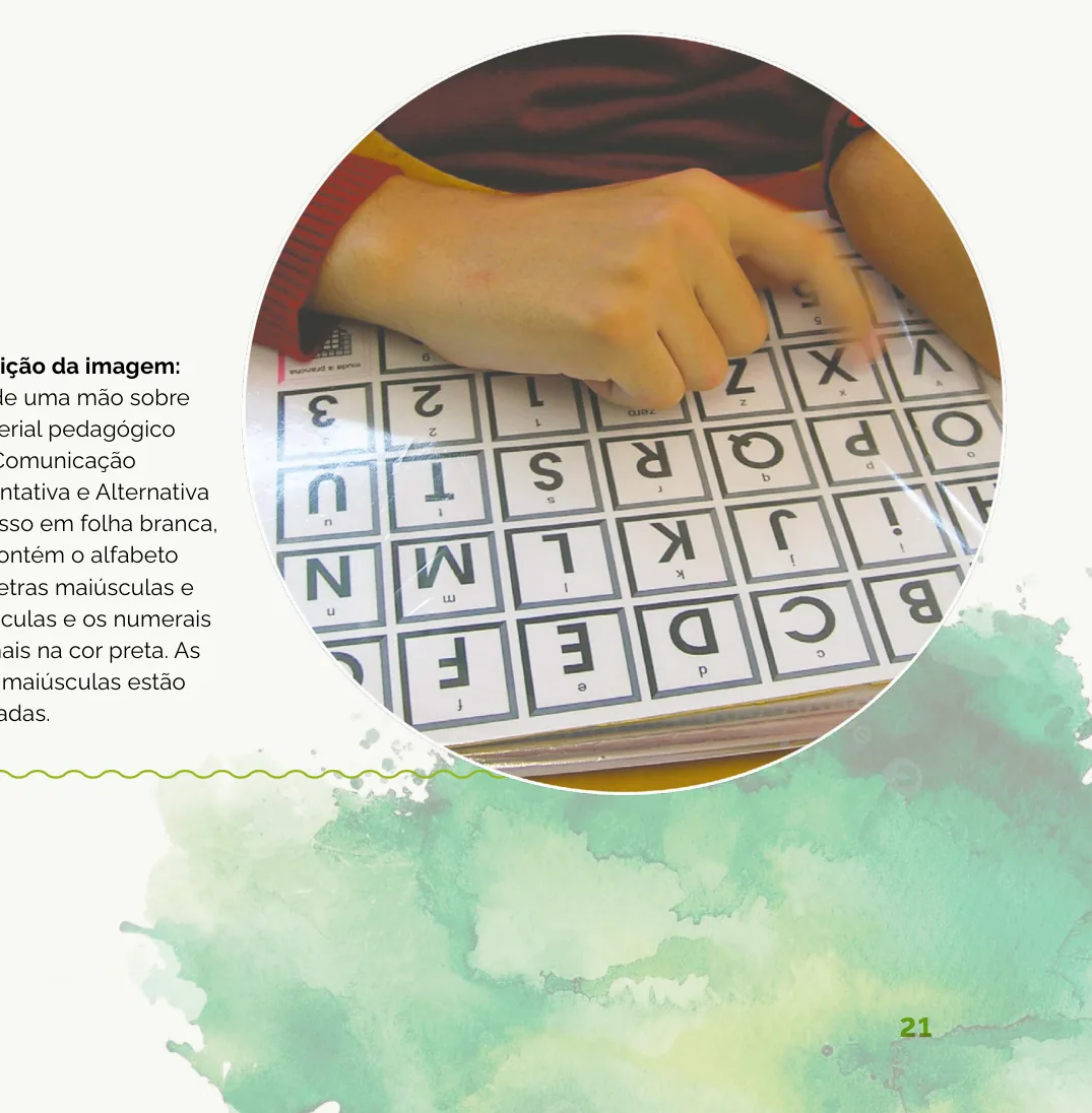 Fotografia de uma mão sobre material pedagógico de Comunicação Aumentativa e Alternativa impresso com o alfabeto e numerais
