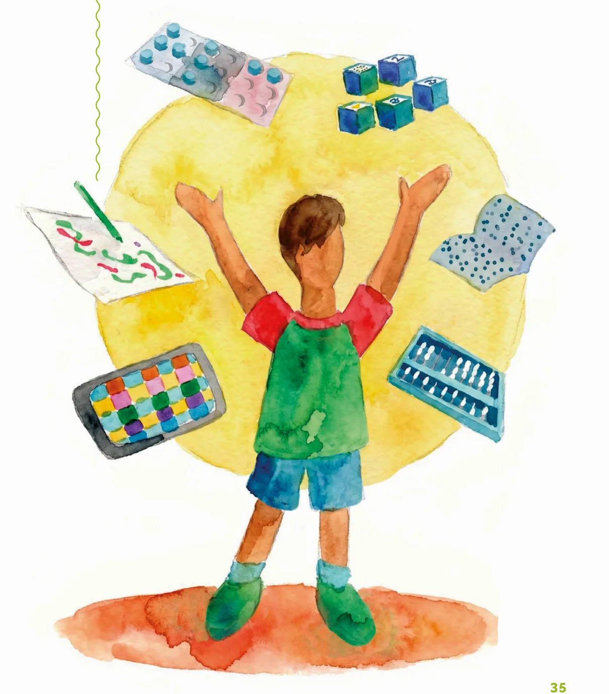 Ilustração em aquarela de um estudante em pé, com os braços erguidos e abertos, rodeado por tablet, brinquedos e acessórios educativos
