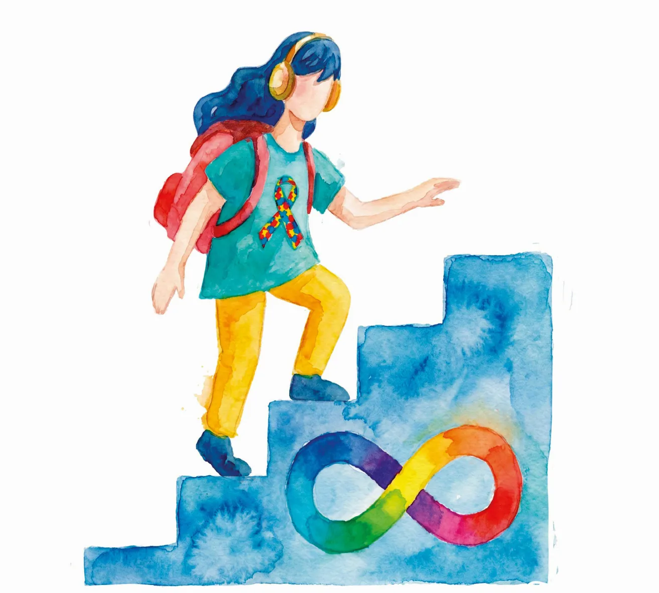Ilustração em aquarela de uma menina com abafadores de ruído subindo uma escada colorida com o símbolo do infinito do espectro autista