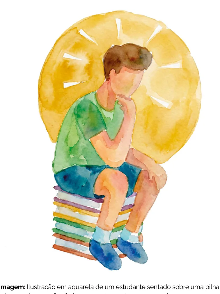 Ilustração em aquarela de um estudante sentado sobre uma pilha de livros coloridos, com a mão no queixo em postura reflexiva, num círculo amarelo que emoldura sua cabeça, numa alusão à obra O Pensador de Auguste Rodin