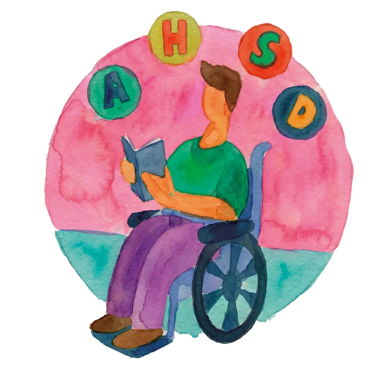 Ilustração de uma pessoa em cadeira de rodas lendo um livro, com as letras A, H, S e D orbitando sua cabeça, sigla de Altas Habilidades ou Superdotação