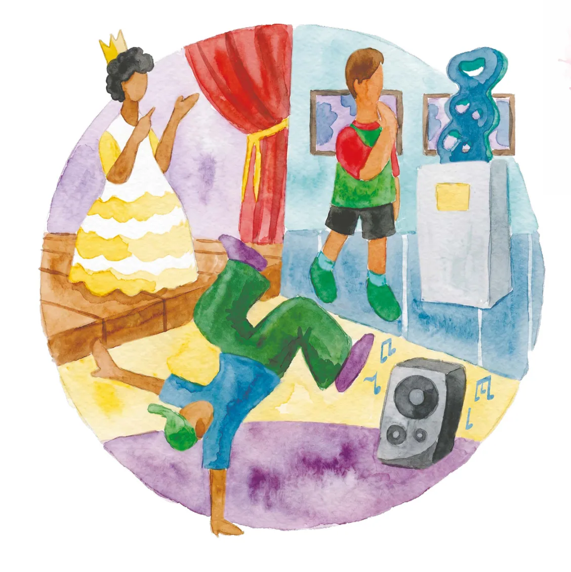 Ilustração em aquarela dividida em três cenas: uma menina em um palco teatral, um menino observando uma escultura em museu, e um menino dançando ao som de uma caixa de som